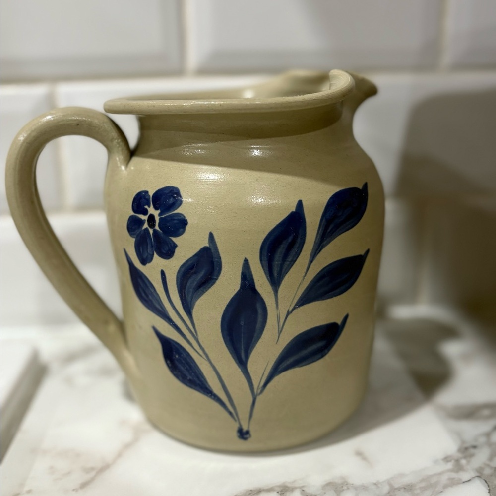 Salt Glaze Williamsburg Pottery Pitcher, Cobalt Blue Floral Design, Stamped